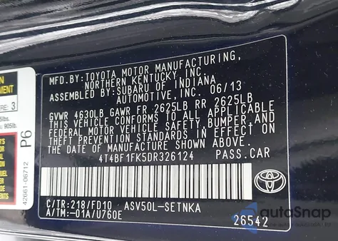 2013 Toyota Camry Le z USA, uszkodzony, nr VIN 4T4BF1FK5DR326124